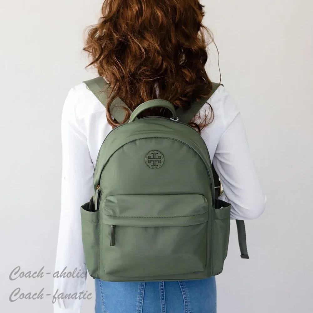 NWT Tory Burch Ella Logo Dual Zip Compartment Nylon Backpack in Palm Leaf - Picture 1 of 11